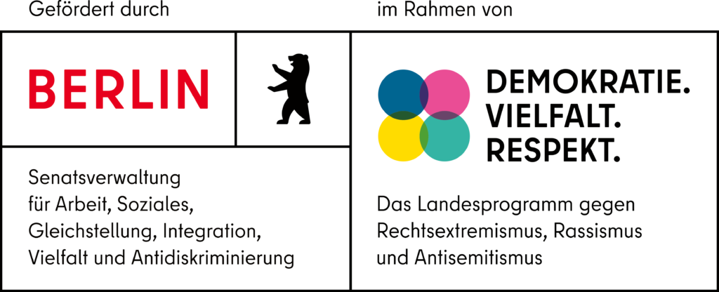 Logo der Berliner Senatsverwaltung für Arbeit, Soziales, Gleichstellung, Integration, Vielfalt und Antidiskriminierung. Förderin des Bündnis BARE Berlin